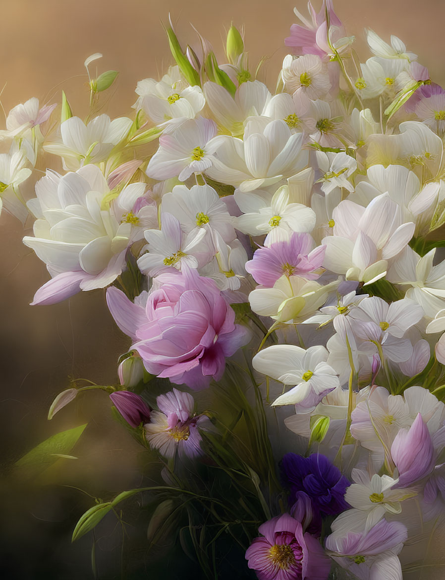 Soft-focus photograph of white and pink bouquet with vibrant pink bloom.