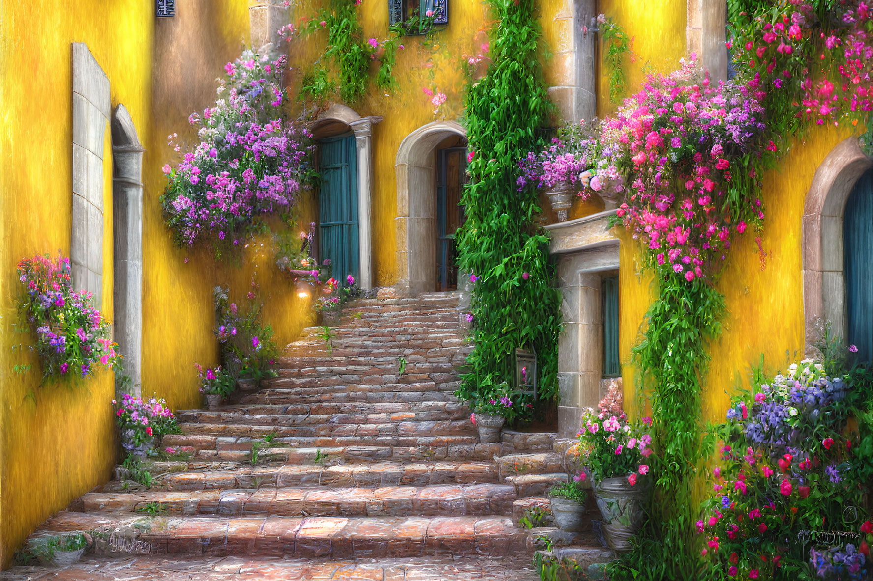 Cobblestone Staircase with Bougainvillea and Yellow Walls