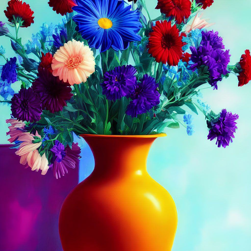 Multicolored Flowers in Bright Orange Vase on Blue and Pink Gradient Background