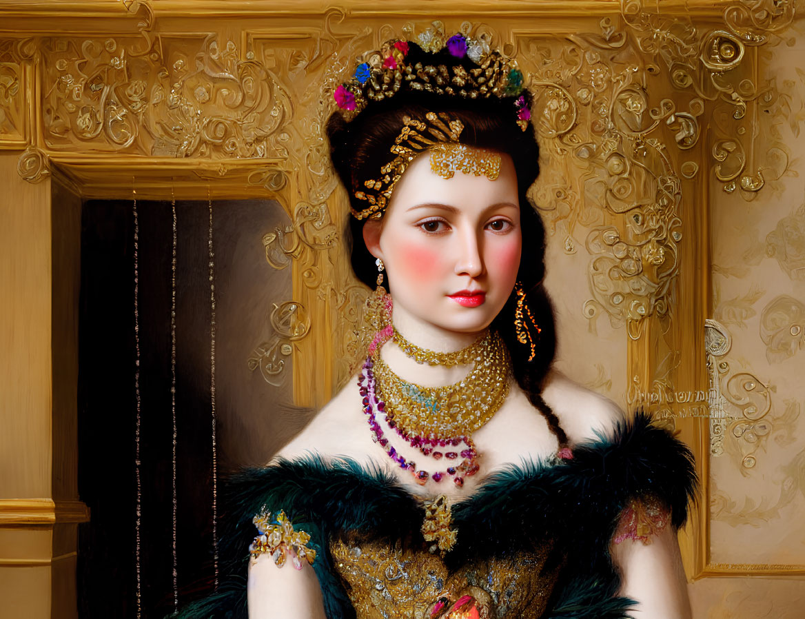 Regal woman portrait in opulent attire with tiara and gold jewelry