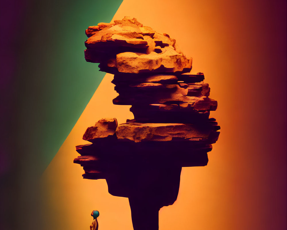 Silhouette overlaid with stacked rocks on vibrant background
