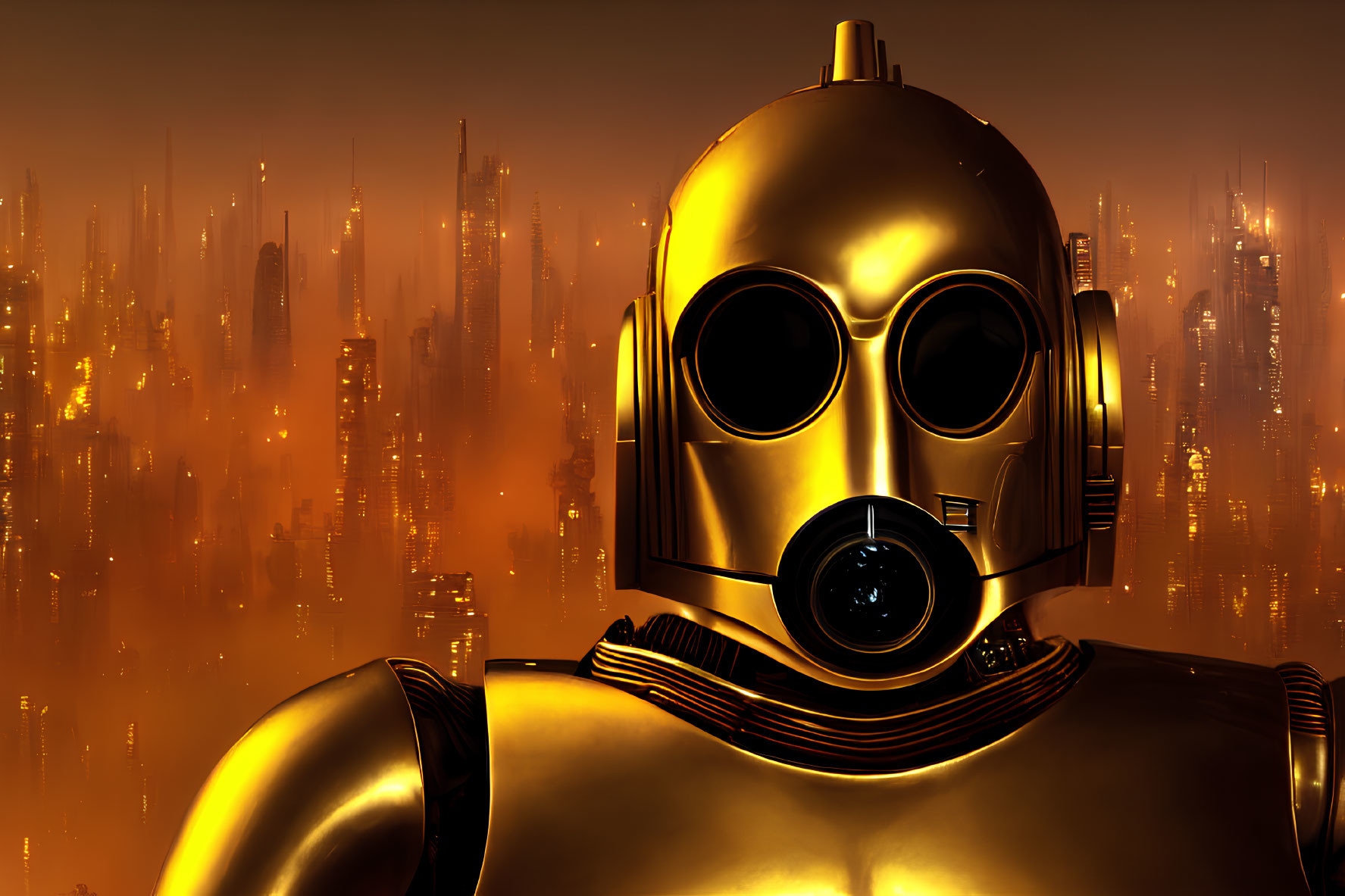 Close-up Golden Humanoid Robot Head with Futuristic Cityscape Background