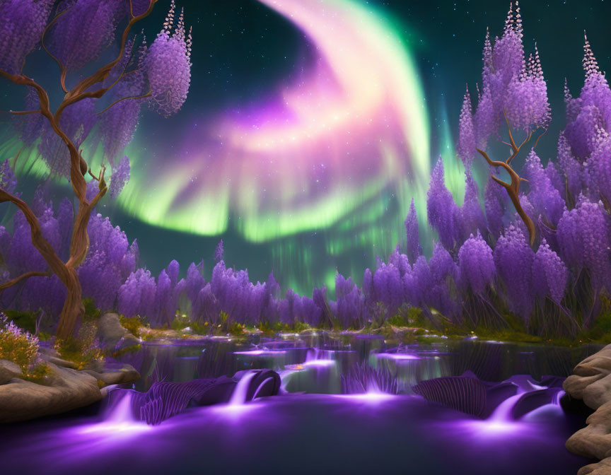 Fantasy landscape with purple flora and aurora borealis over tranquil stream
