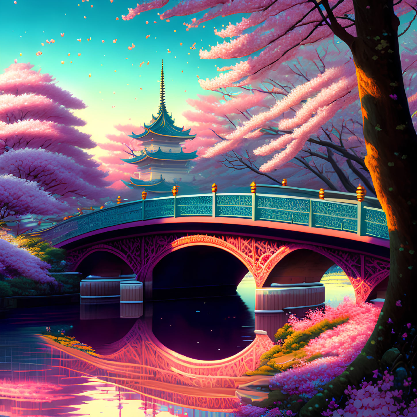 Illustration of Pagoda, Bridge, Cherry Blossoms at Twilight