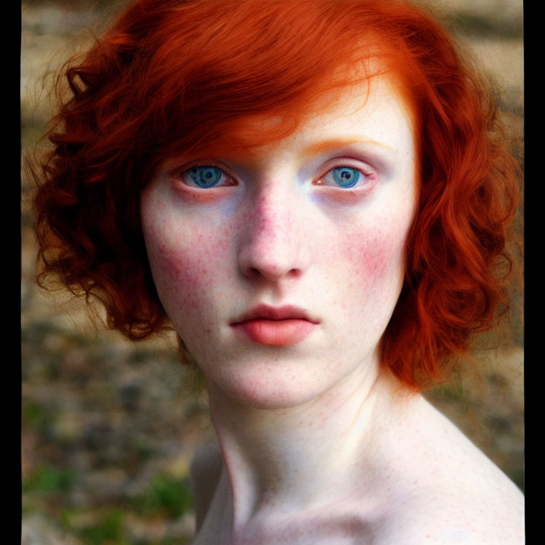 Portrait of a person with curly red hair and blue eyes