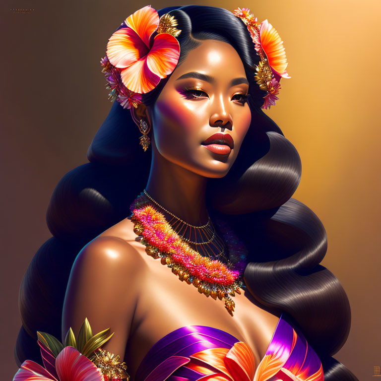 Illustrated portrait of woman with floral hair adornments and lei, exuding tropical elegance.