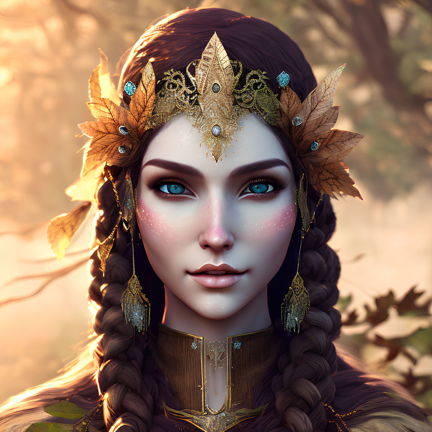 Digital portrait of a woman with braided hair, golden leaf crown, blue eyes, and freck