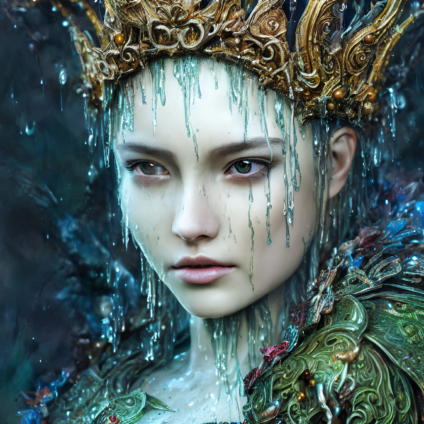 Regal figure in gilded crown and armor with ethereal gaze and green amphibian