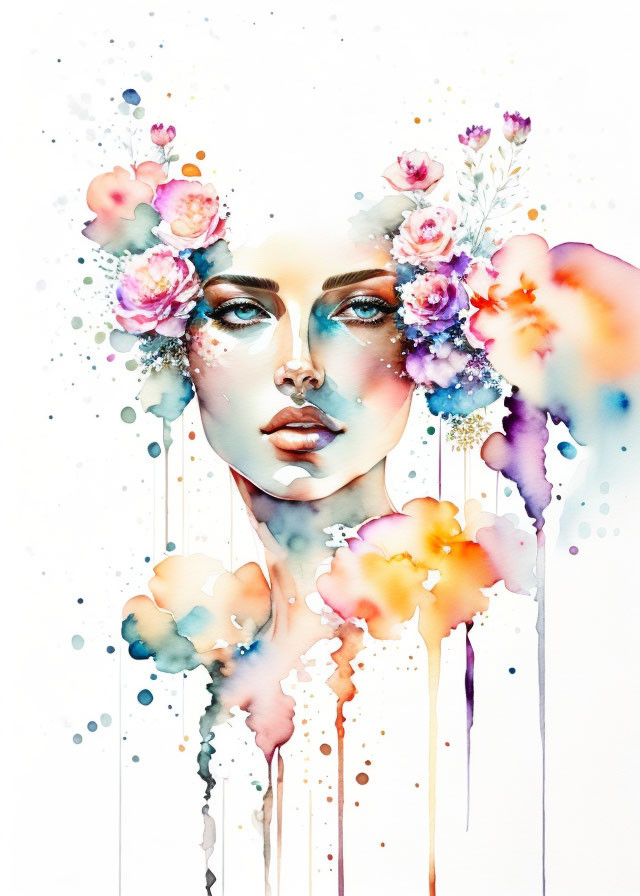Vibrant watercolor woman's face with floral and ink blots fusion