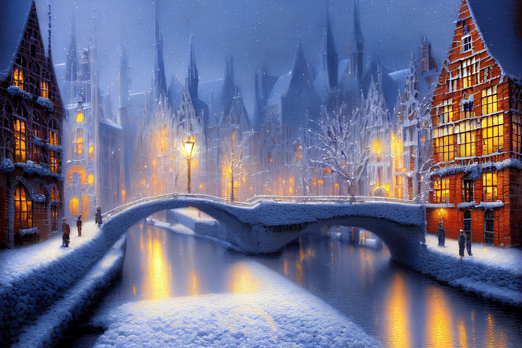 Snow-covered old town with illuminated buildings, canal bridge, and pedestrians