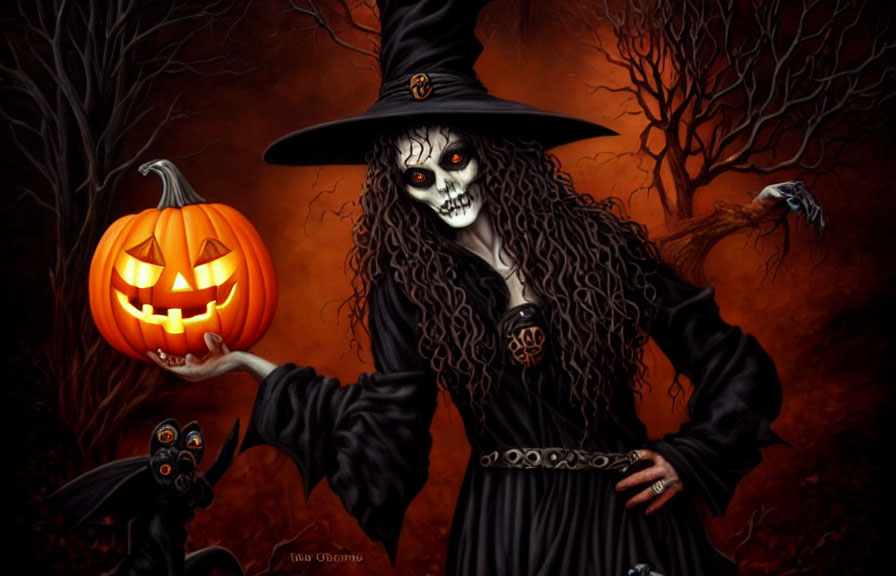 Spooky figure in witch's costume with jack-o'-lantern in eerie forest