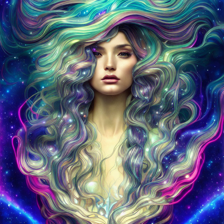Fantasy digital artwork: Woman with multicolored hair in cosmic backdrop