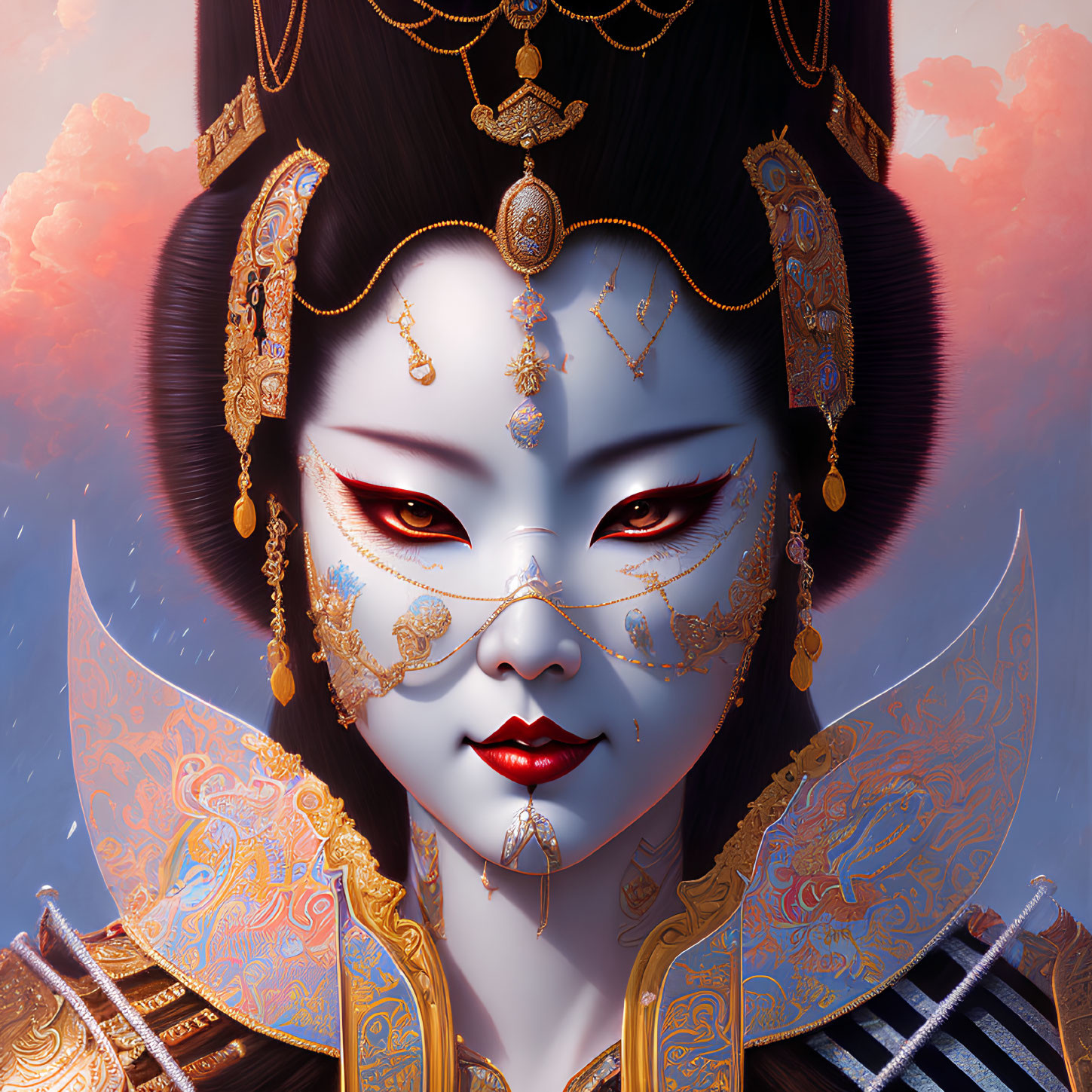 Detailed digital portrait of a woman with Asian features and ornate attire.