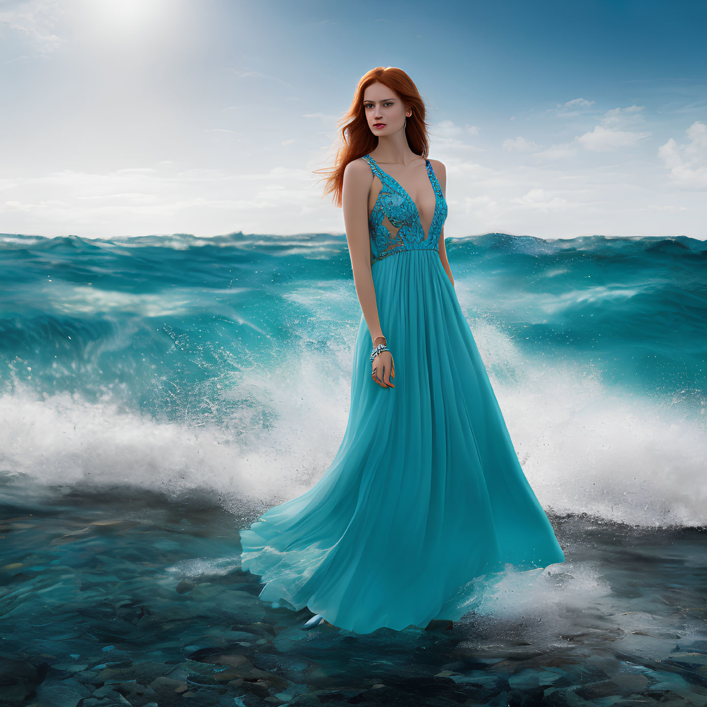 Woman in flowing blue dress amidst turbulent ocean waves under dramatic sky