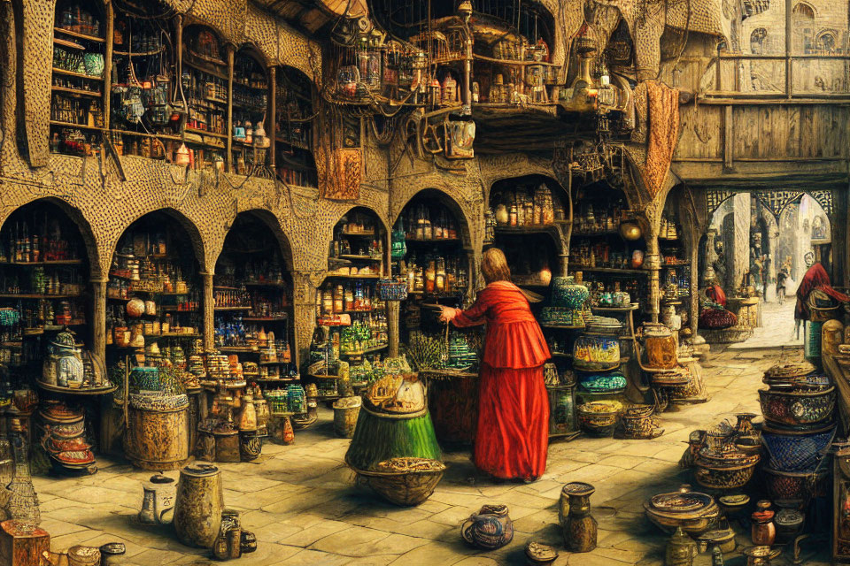 Detailed Scene: Old-World Marketplace with Person in Red Cloak