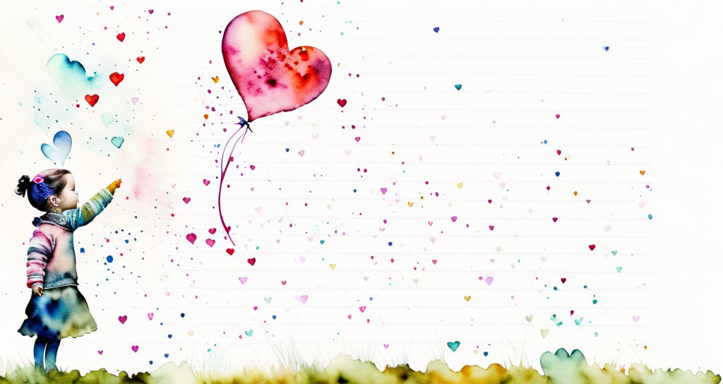 Young girl with heart-shaped balloon and confetti on whimsical background