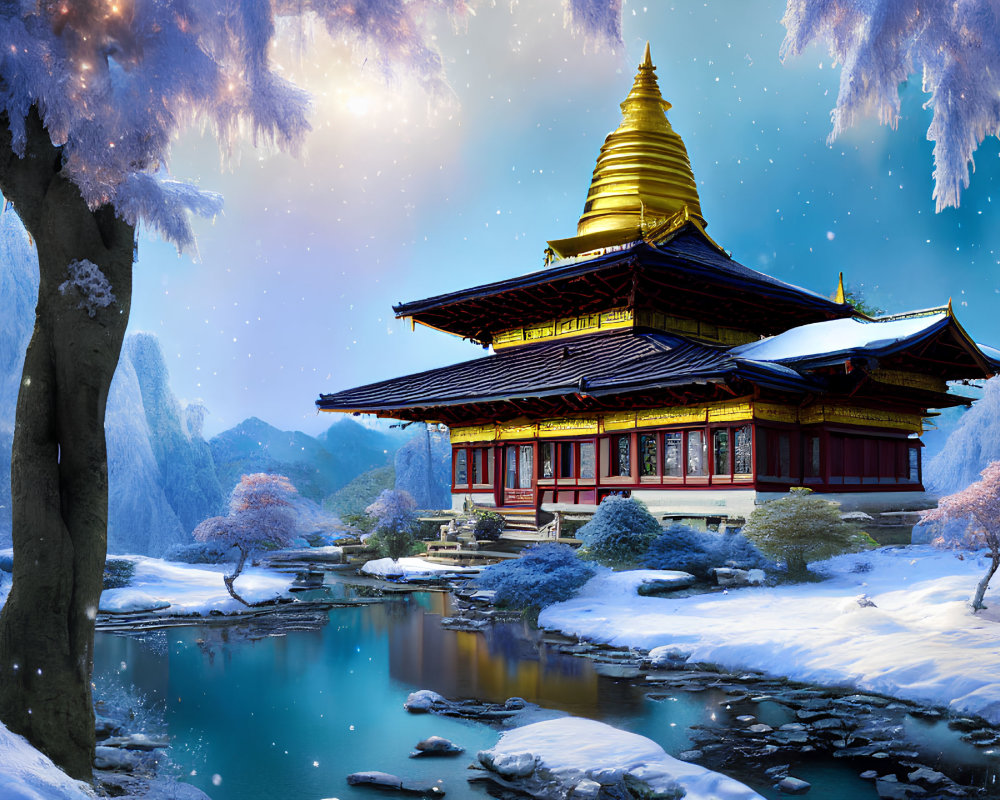Asian Temple with Golden Pagoda Roof in Snowy Landscape and Cherry Blossoms
