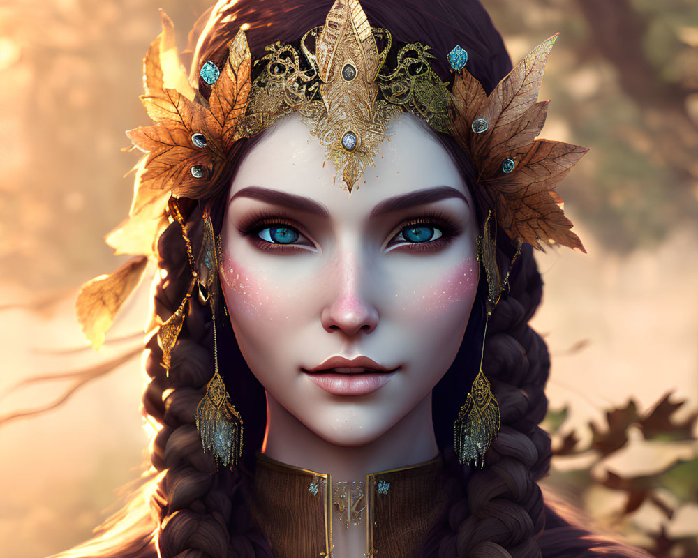 Digital portrait of a woman with braided hair, golden leaf crown, blue eyes, and freck