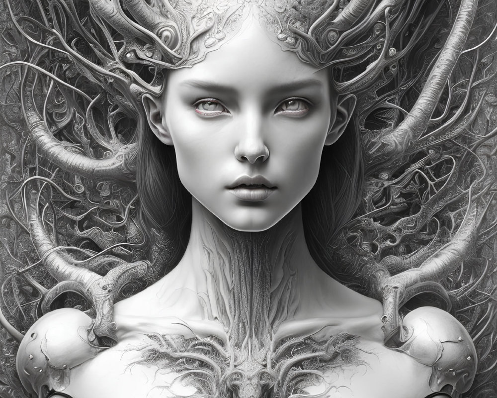 Monochromatic fantasy art of a woman with intricate antler-like branches and textured details