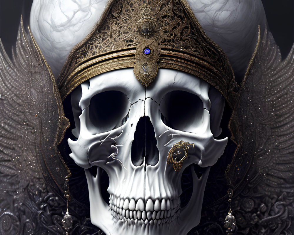 Ornate skull with gold-patterned helmet and blue gemstone winged metalwork