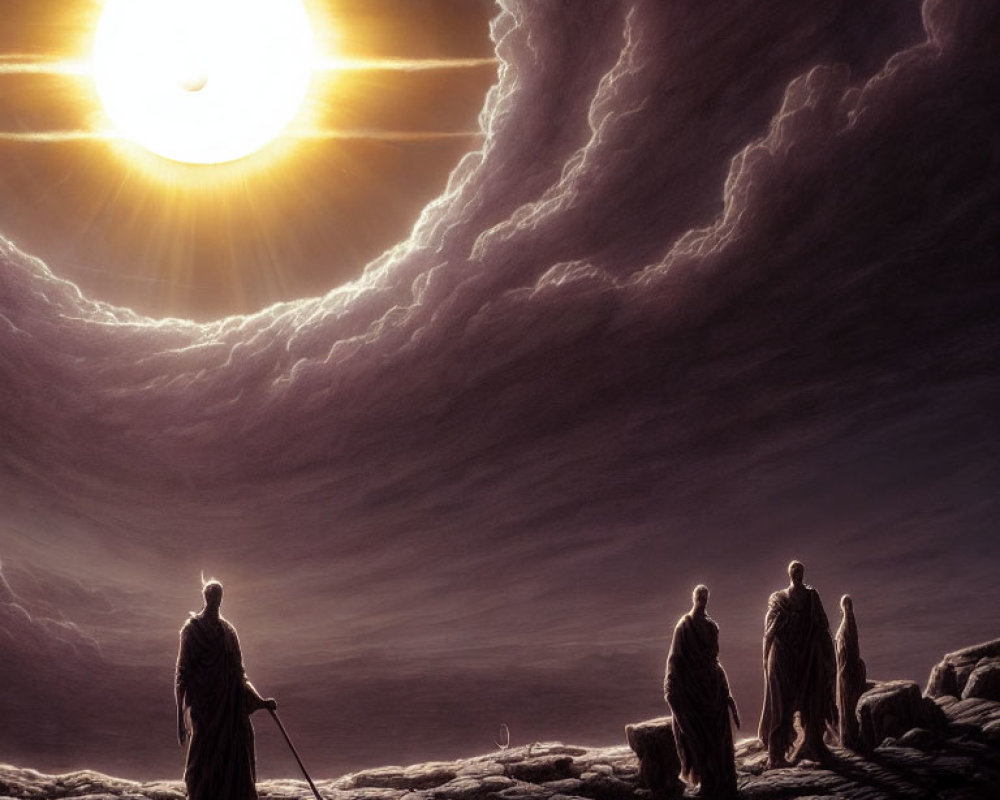 Four robed figures walking on rocky terrain under a dramatic sky