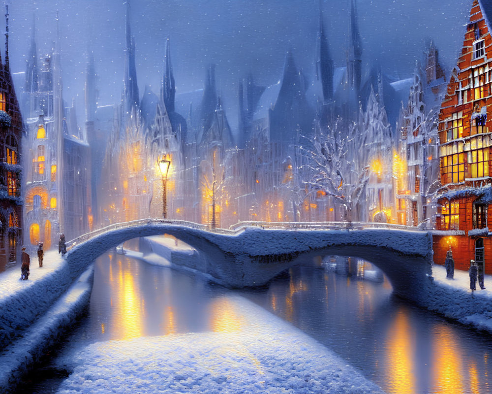 Snow-covered old town with illuminated buildings, canal bridge, and pedestrians