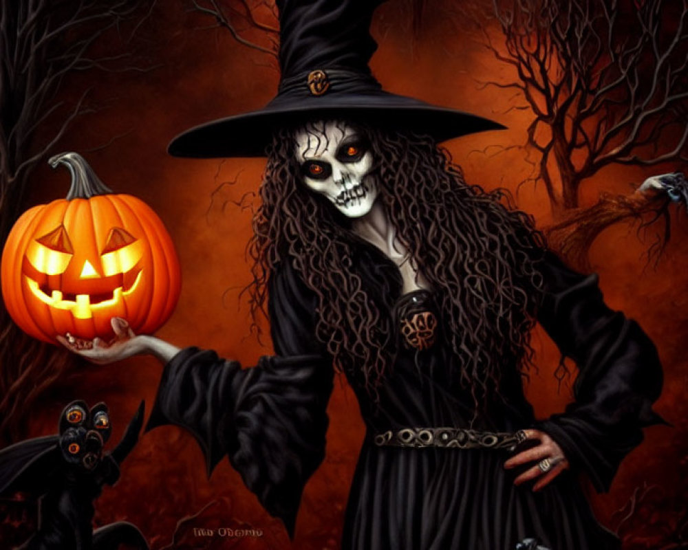 Spooky figure in witch's costume with jack-o'-lantern in eerie forest