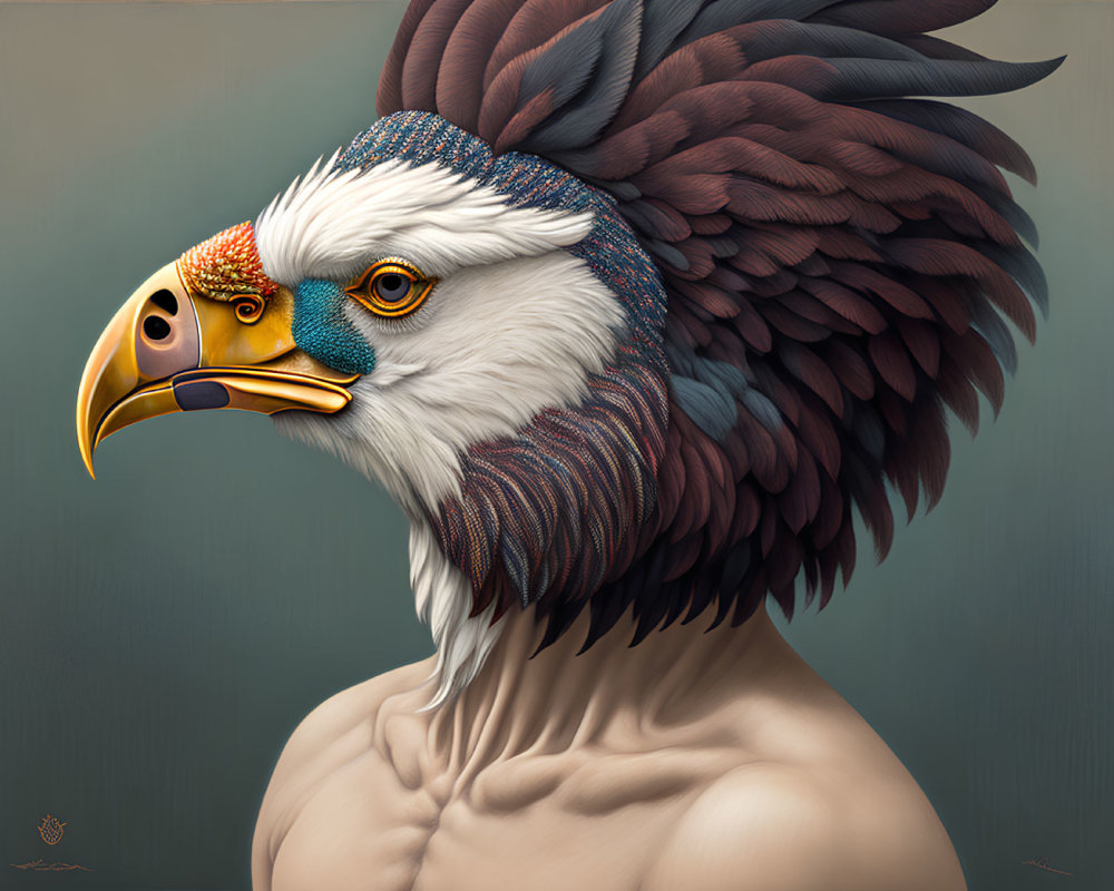 Detailed human-eagle hybrid with lifelike eyes and intricate plumage on muted backdrop