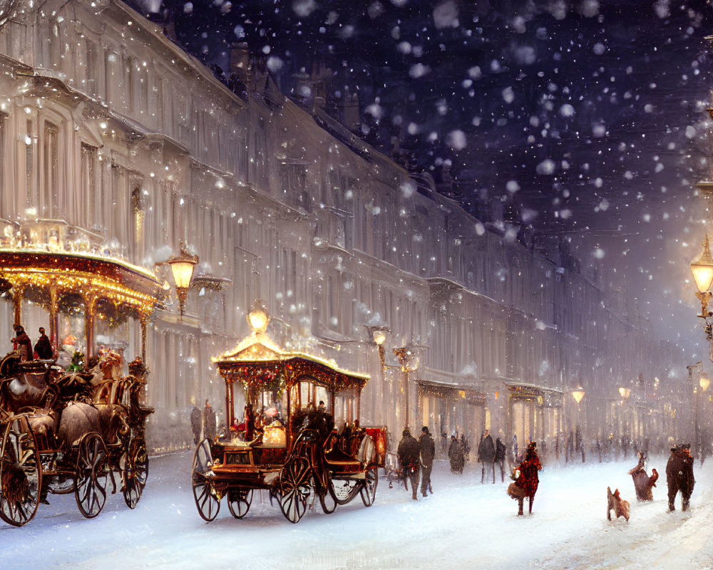 Historic winter street scene with horse-drawn carriages and festive lights
