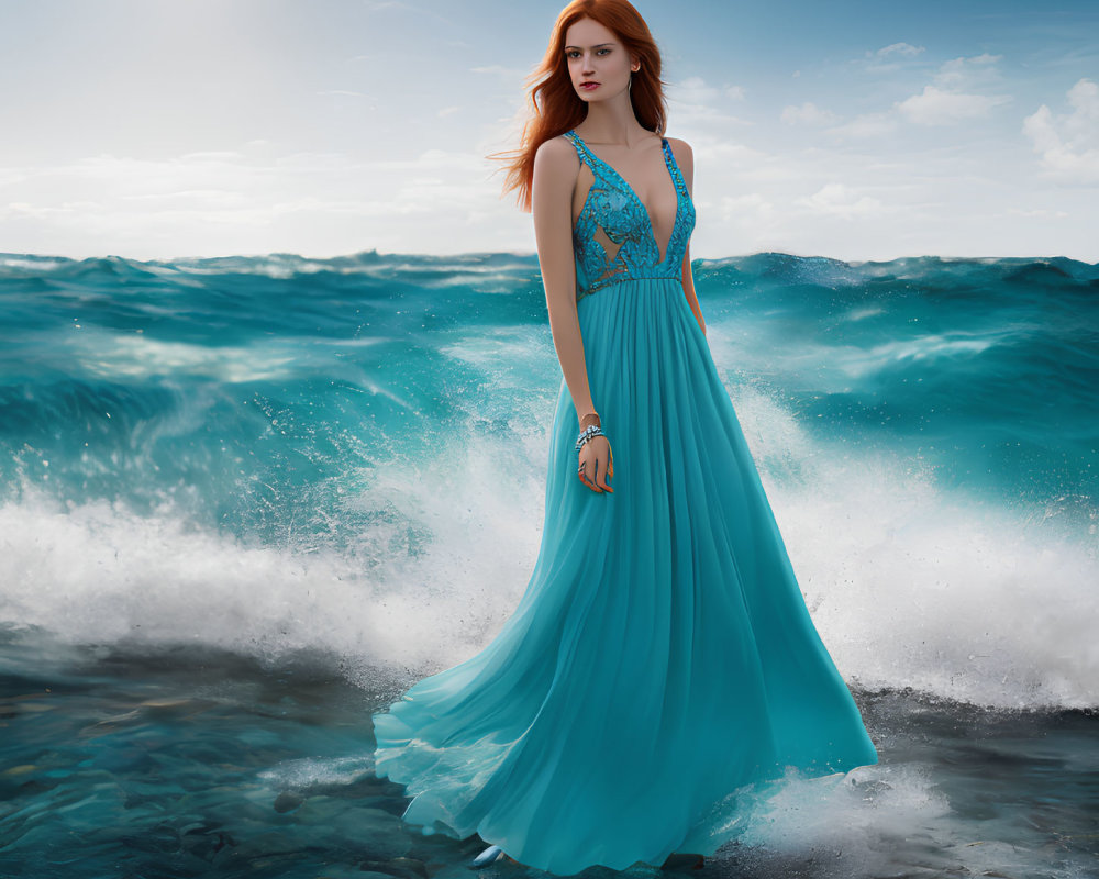 Woman in flowing blue dress amidst turbulent ocean waves under dramatic sky