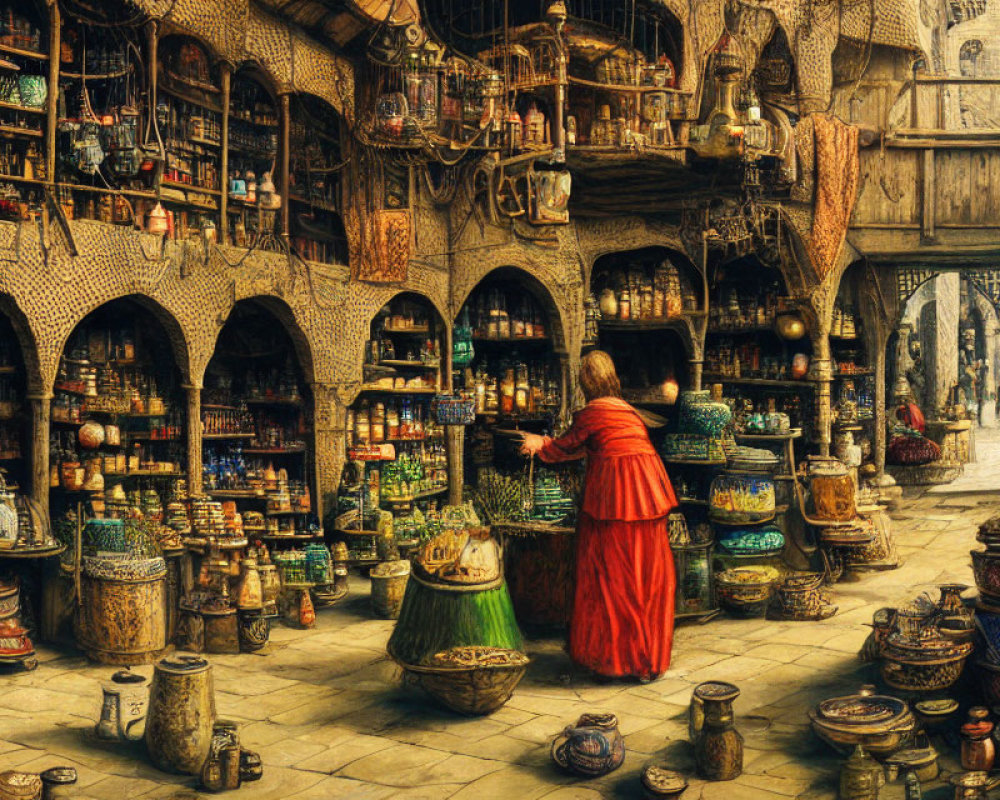 Detailed Scene: Old-World Marketplace with Person in Red Cloak