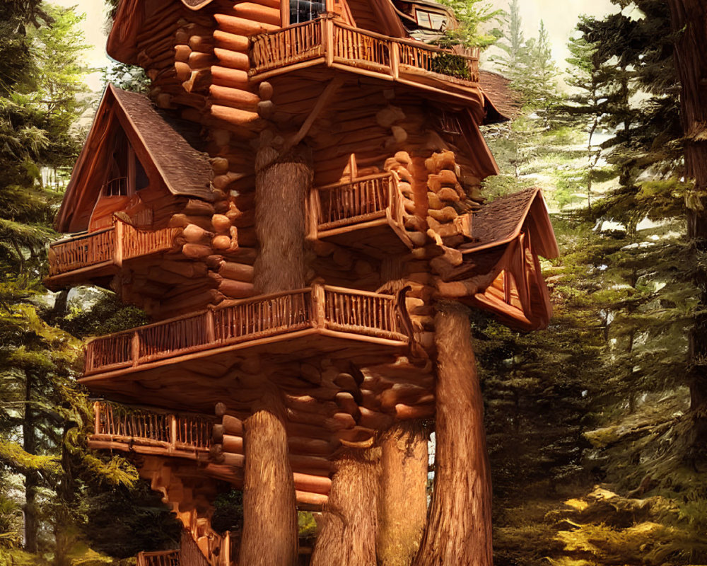 Rustic log cabin treehouse in dense forest with balconies & spiral staircase