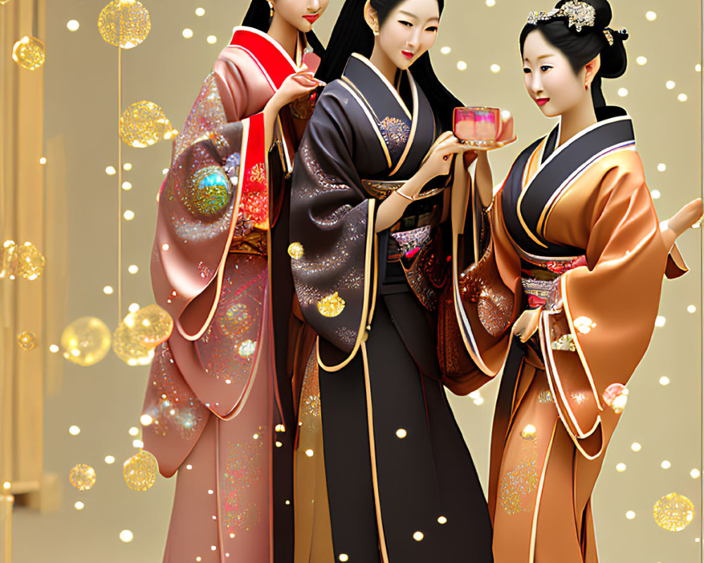 Three women in traditional Japanese kimonos with elaborate hairstyles among falling golden petals.