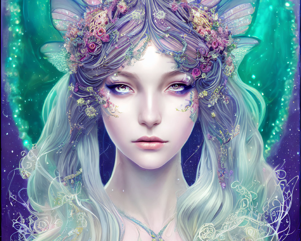 Fantasy portrait of female figure with pale blue hair, floral crown, jewelry, and butterfly wings