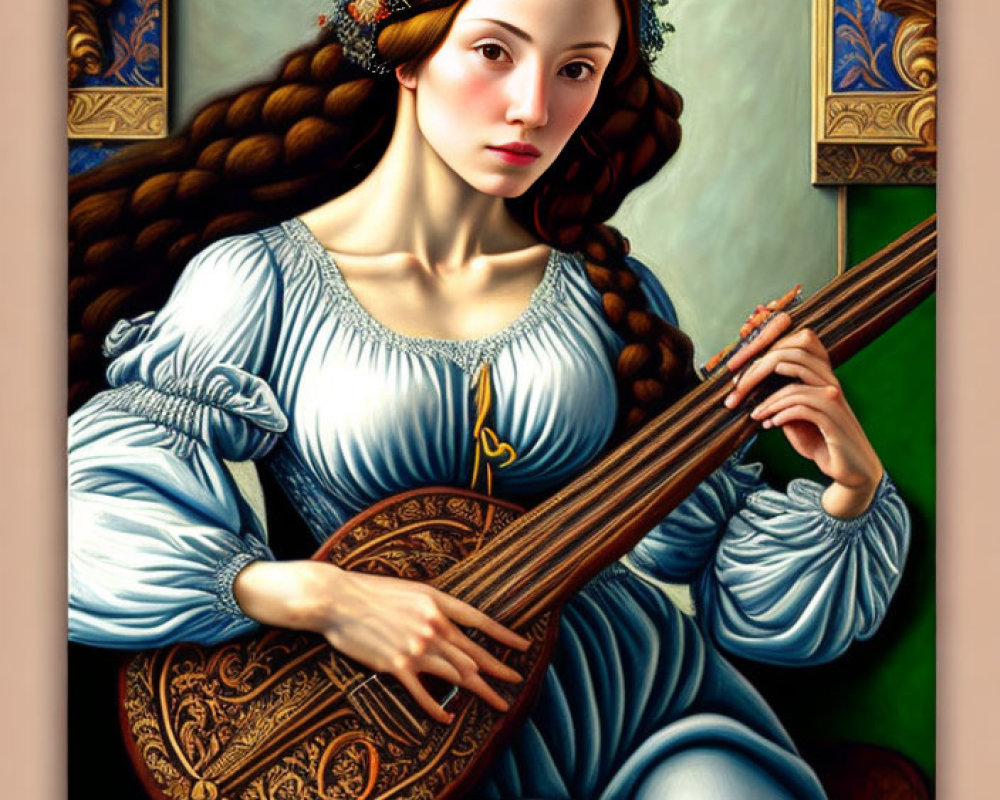 Portrait of Woman Playing Lute in Blue Dress