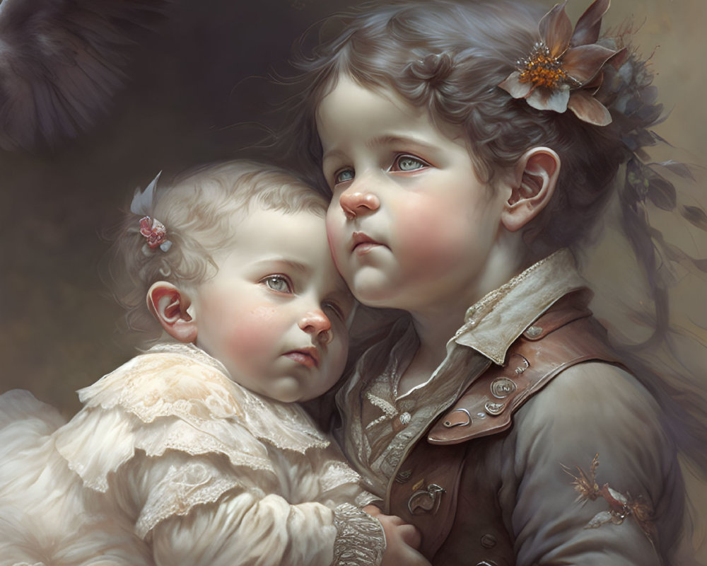 Children with angelic features embraced, adorned with flowers, under a watchful raven.