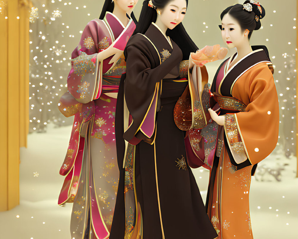 Three women in traditional Japanese kimonos against golden snowy backdrop