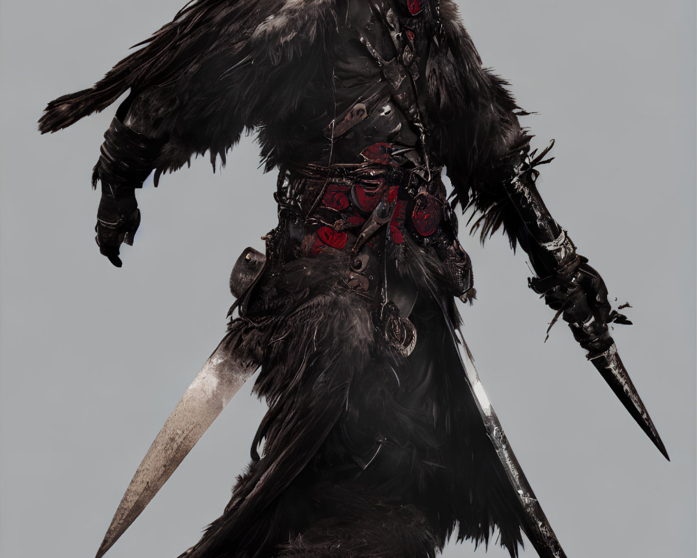 Crow-themed humanoid figure in dark armor wields long swords