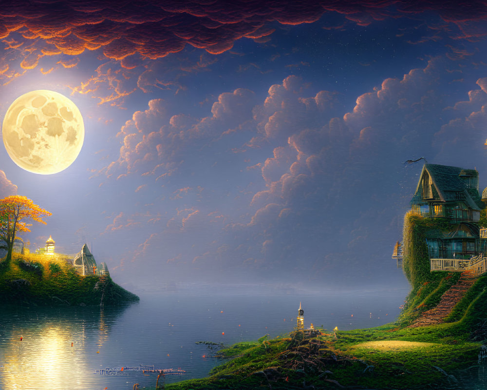 Fantasy Landscape with Moonlit Victorian House on Cliff