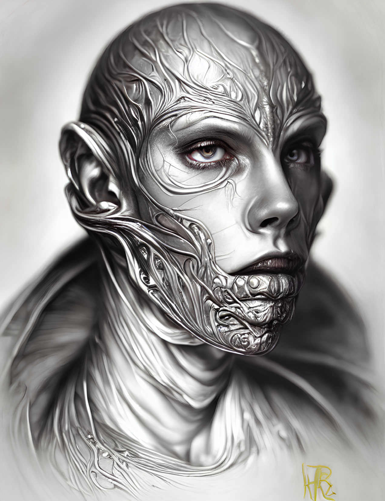 Monochromatic digital artwork of metallic humanoid with intricate designs
