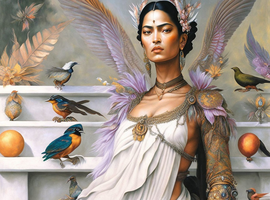 Majestic woman with feathered wings and birds evokes serene strength