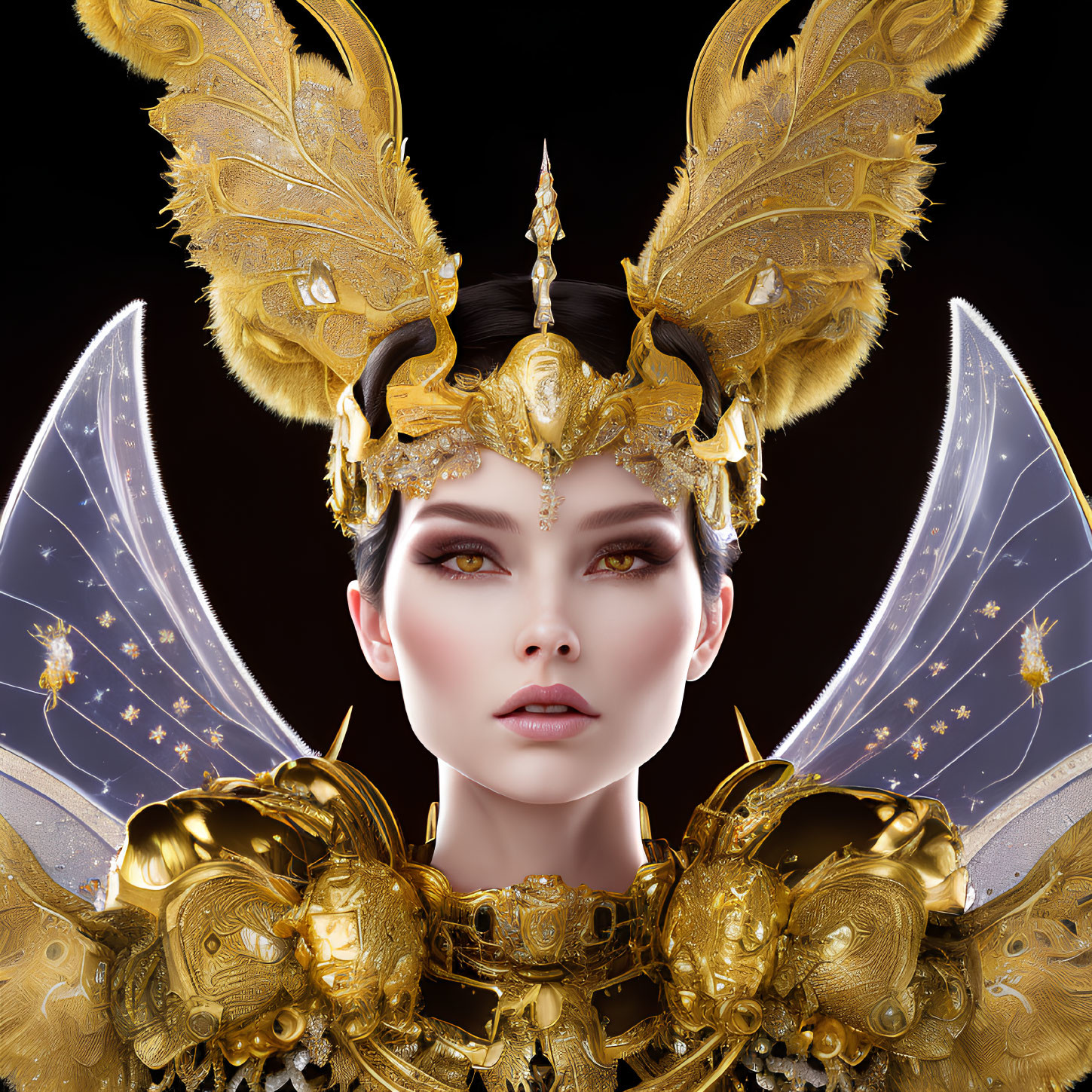 Fantastical portrait of a woman in gold armor with celestial motifs