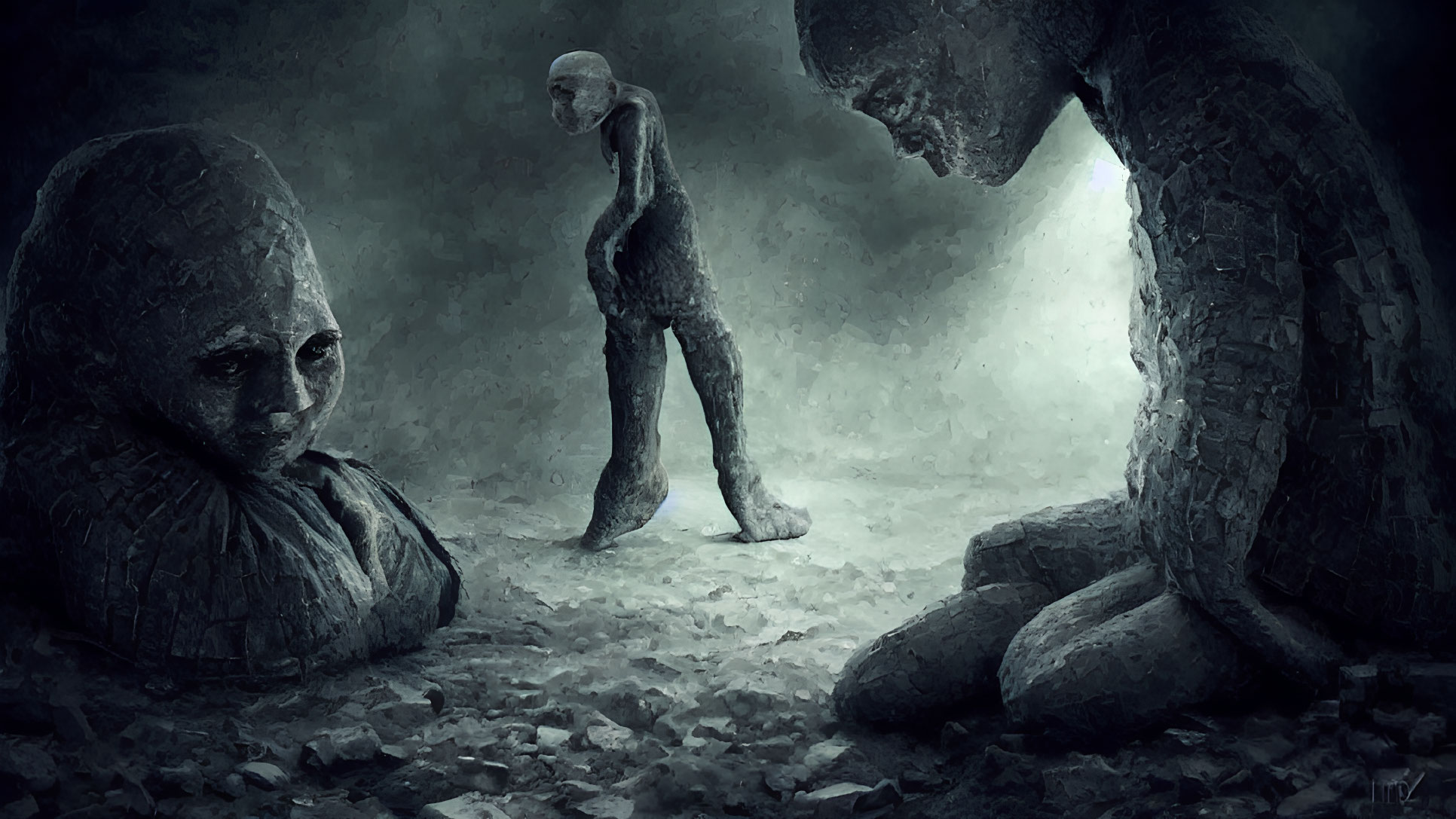 Three humanoid figures with textured skin in dark, moody setting