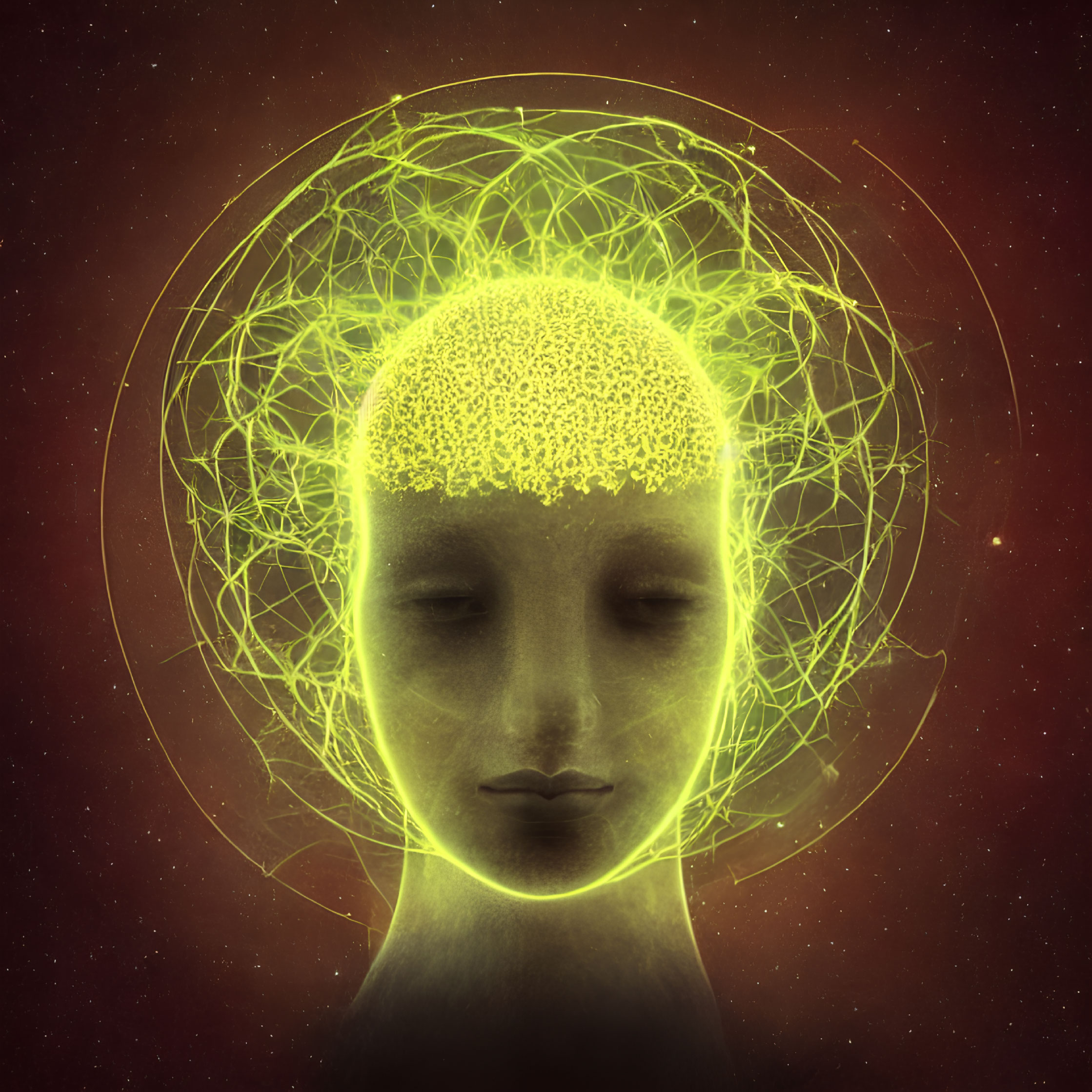 Serene face with glowing fractal brain and neon lines on dark red backdrop