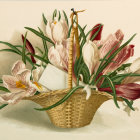 Translucent basket with Easter eggs and spring flowers on pale background