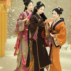 Three women in traditional Japanese kimonos with elaborate hairstyles among falling golden petals.