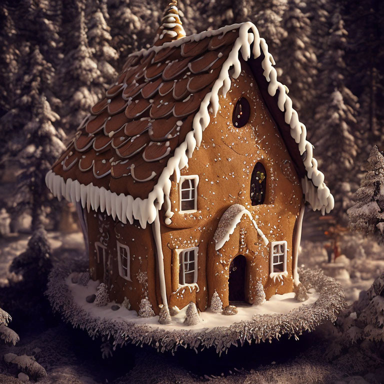 Gingerbread house with white icing in snowy forest scene