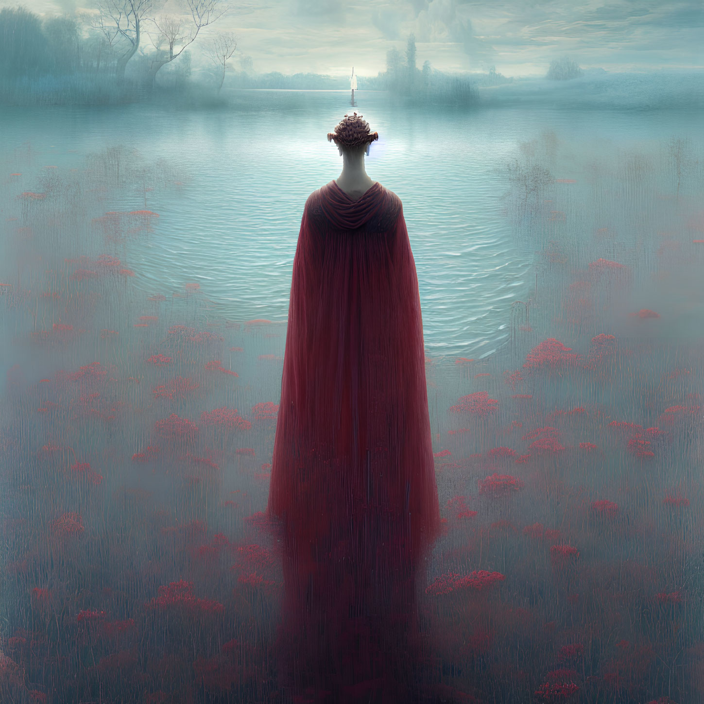 Figure in Red Cloak by Tranquil Lake with Lighthouse View