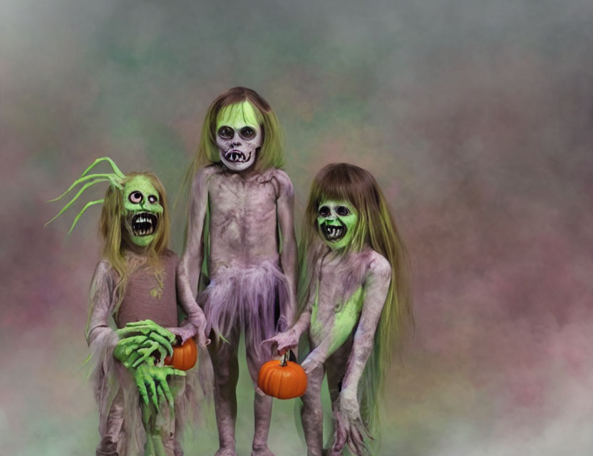 Spooky zombified characters with pumpkins in misty setting