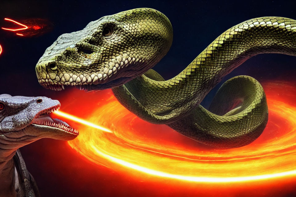 Digital artwork of giant snake-like creature in space with smaller reptilian entity emitting red beam towards glowing ring